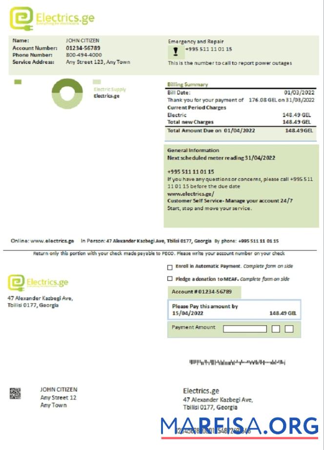 Downloadable Georgia Electrics.ge electricity bill sample